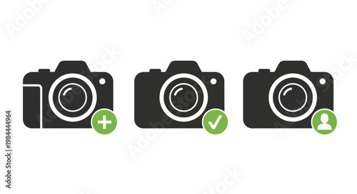 A set of three black digital camera icons with distinct green badges representing different functions adding new photos, confirming selections, and managing user profiles for online content 