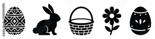 Celebrate the spring season with a delightful collection of traditional Easter symbols including decorative eggs, a cute bunny, a classic basket, and a charming flower, perfect for holiday