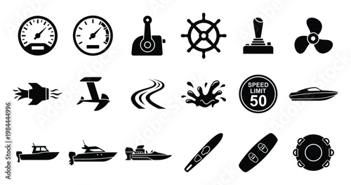 Diverse selection of boating and water sports objects including speedboats, control levers, gauges, propellers, and recreational equipment perfect for marine themed publications.