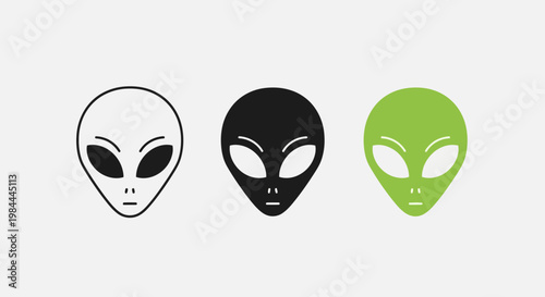Modern vector illustration featuring a collection of alien face symbols in outline, black, and green designs, representing mysterious life forms from outer space