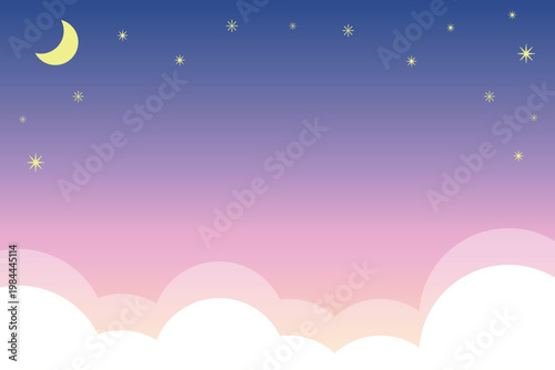 Fantasy gradient night sky background with moon and stars (horizontal size, with copy space margin)