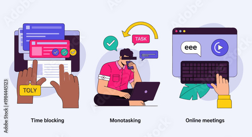 Illustration set featuring time blocking, focused work (monotasking), and virtual meetings for efficient freelance work and communication.