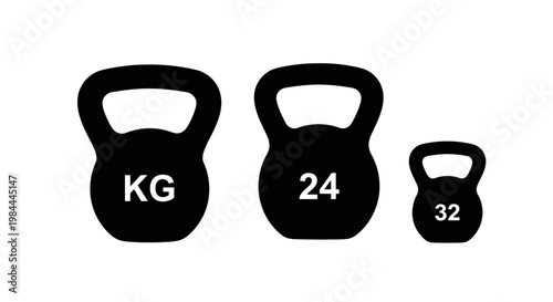 Essential collection of three distinct black kettlebells, showcasing different weights including 'KG', '24', and '32', perfect for diverse fitness and strength training exercises, isolated on a clean 