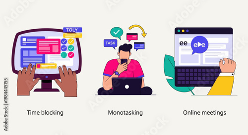 Illustration set featuring time blocking, focused work (monotasking), and virtual meetings for efficient freelance work and communication.