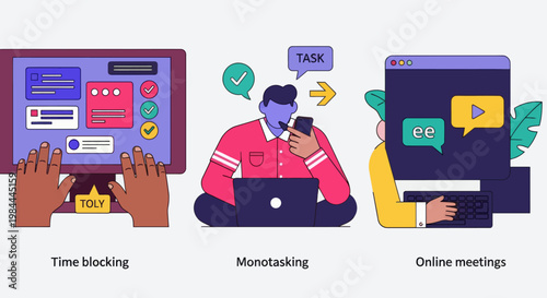 Illustration set featuring time blocking, focused work (monotasking), and virtual meetings for efficient freelance work and communication.