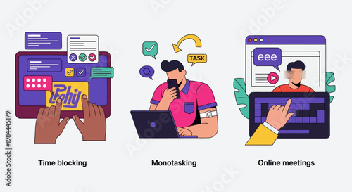 Illustration set featuring time blocking, focused work (monotasking), and virtual meetings for efficient freelance work and communication.