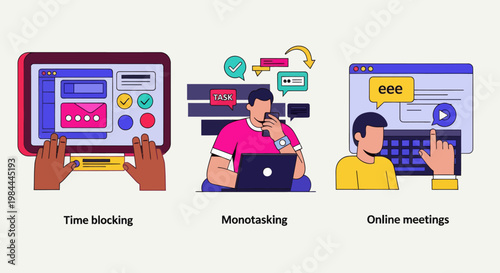 Illustration set featuring time blocking, focused work (monotasking), and virtual meetings for efficient freelance work and communication.