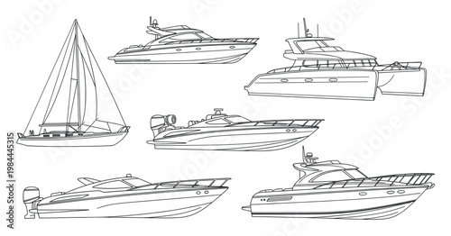 Collection of various boat and yacht outline drawings for marine transportation concepts, watercraft design, and nautical themed projects