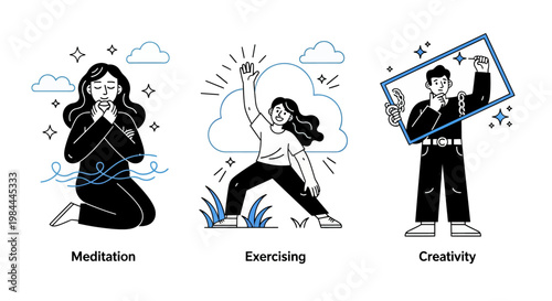 Mental health and psychology concept set. Different mental health problems, psychological disorders, treatment techniques and approaches.