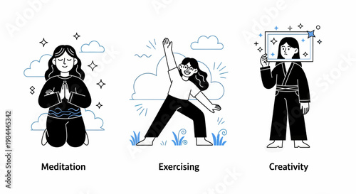 Mental health and psychology concept set. Different mental health problems, psychological disorders, treatment techniques and approaches.
