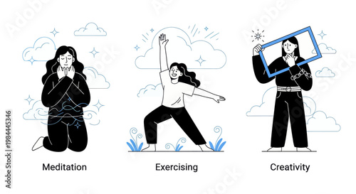 Mental health and psychology concept set. Different mental health problems, psychological disorders, treatment techniques and approaches.
