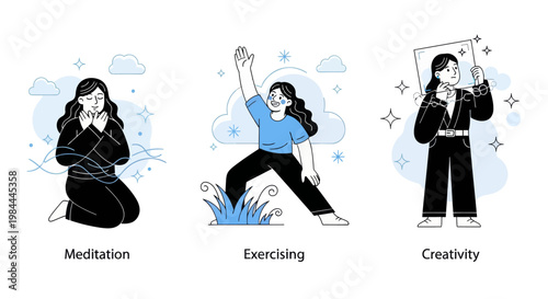 Mental health and psychology concept set. Different mental health problems, psychological disorders, treatment techniques and approaches.