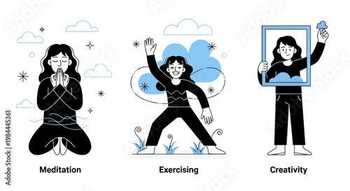Mental health and psychology concept set. Different mental health problems, psychological disorders, treatment techniques and approaches.