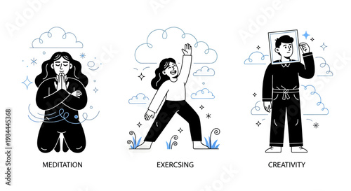 Mental health and psychology concept set. Different mental health problems, psychological disorders, treatment techniques and approaches.