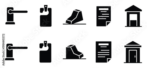 Collection of simple black glyph icons representing hotel services door accessories documents and general buildings useful for web interfaces mobile applications and informative