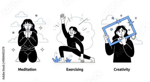 Mental health and psychology concept set. Different mental health problems, psychological disorders, treatment techniques and approaches.