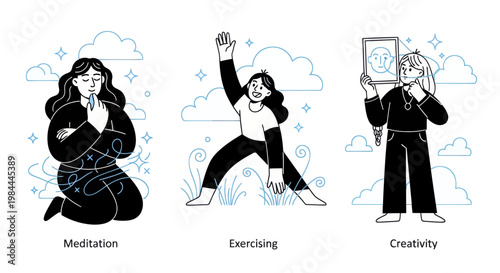 Mental health and psychology concept set. Different mental health problems, psychological disorders, treatment techniques and approaches.