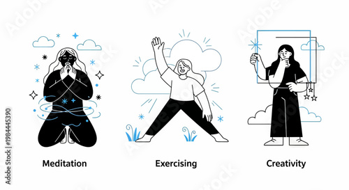 Mental health and psychology concept set. Different mental health problems, psychological disorders, treatment techniques and approaches.