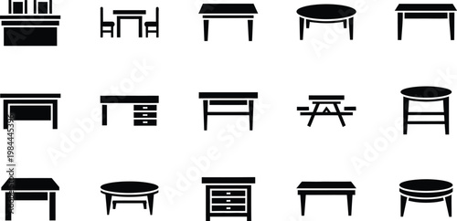 Assortment of black and white icons depicting various styles of tables and desks furniture