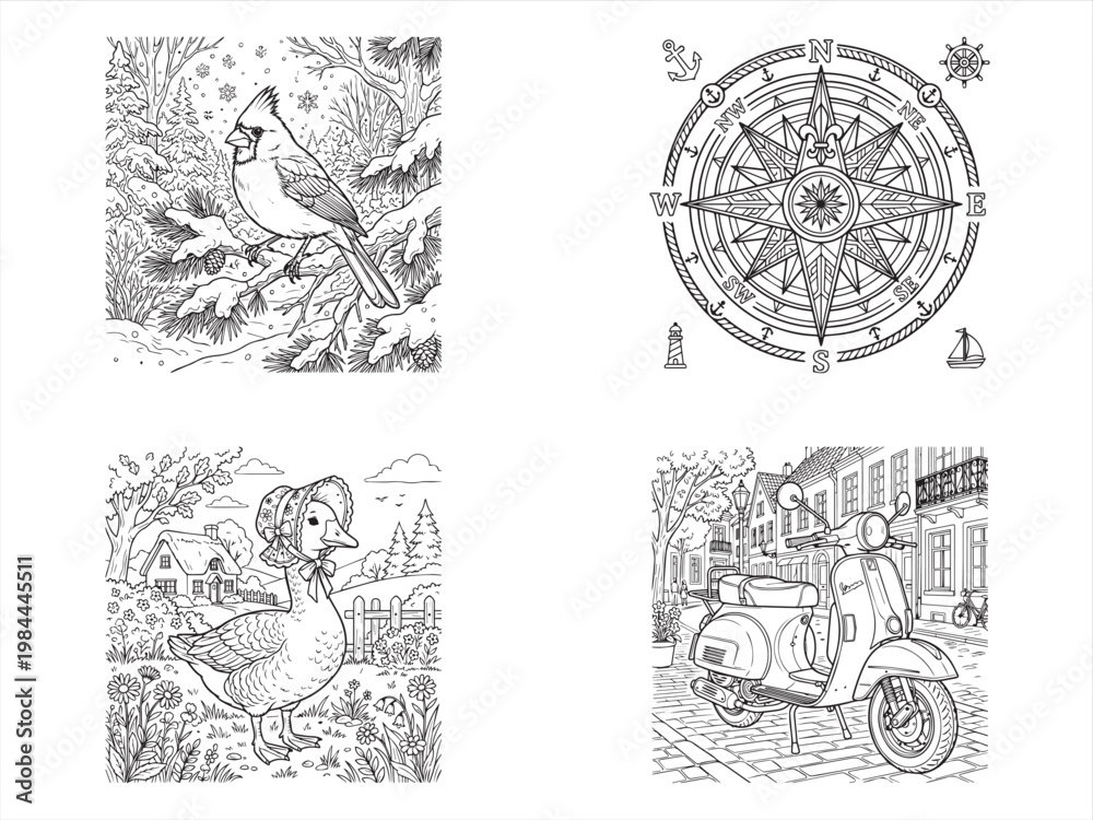 Naklejka premium Black and white illustrations, vintage style, 4 seasonal icons, set of drawings