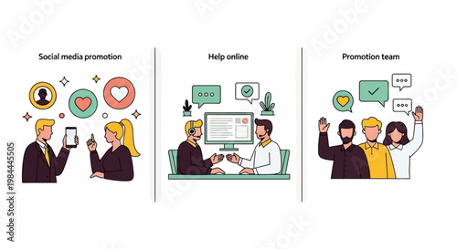 Three modern vector illustrations showing social media marketing, online customer support, and a diverse promotion team working together.