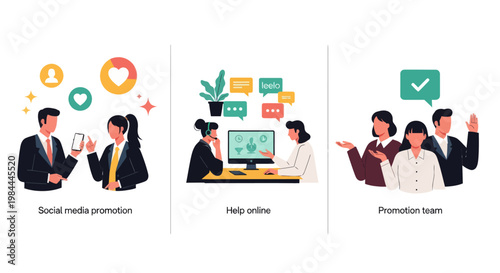 Three modern vector illustrations showing social media marketing, online customer support, and a diverse promotion team working together.