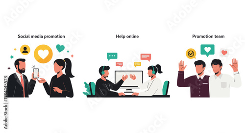 Three modern vector illustrations showing social media marketing, online customer support, and a diverse promotion team working together.