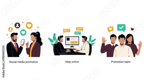 Three modern vector illustrations showing social media marketing, online customer support, and a diverse promotion team working together.