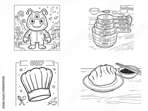 Cute food icons, chef hat, dumplings, pig, vector illustrations, coloring book, kitchen, cooking, foodie