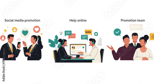 Three modern vector illustrations showing social media marketing, online customer support, and a diverse promotion team working together.