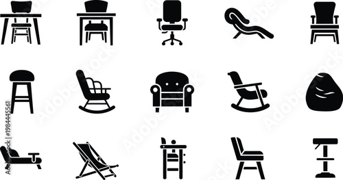 Set of diverse black and white icons illustrating various types of chairs for seating furniture