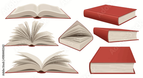 Collection of opened and closed red books, representing literature, knowledge, and education, in various artistic arrangements