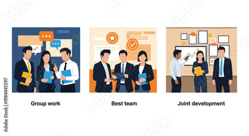 Three vector illustrations showing professionals engaged in teamwork, group planning, and collaborative project development in a business setting.