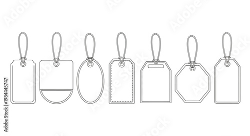 Collection of various blank price tags and labels with string for retail, sale, and marketing purposes, isolated on white background