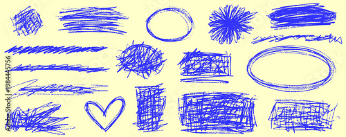 Free messy pen drawing with scratch accents, squiggle guides doodle, line and circle create an illustration rich in texture and chaos.