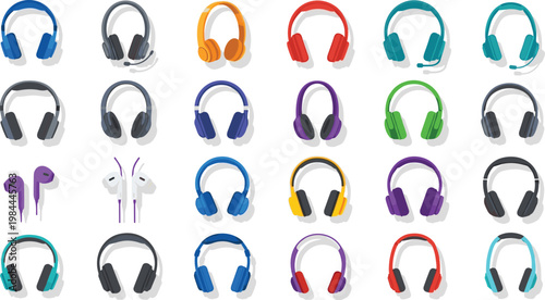 Headphones and earphones vector set with colorful audio devices music accessories illustration isolated on white background