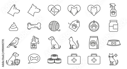 Collection of Pet Care Icons Dog, Cat, Bird, and Veterinary Services