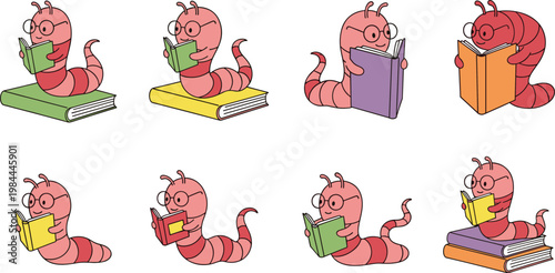Set of Adorable Bookworm Characters Reading Various Books for Education, Learning, and Animal Themes