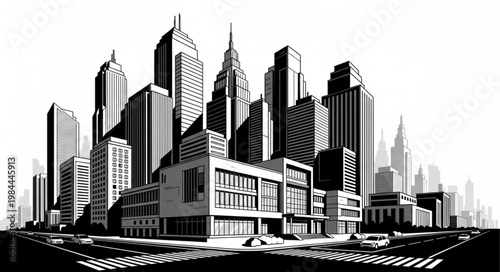 Black and white city skyscrapers illustration.