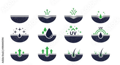 Vector set of icons illustrating skin and hair care effects, including hydration, UV protection, repair, regeneration, and growth for various surfaces
