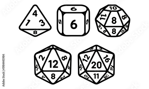 RPG Dice Set Line Art Vector Icons for Tabletop Gaming