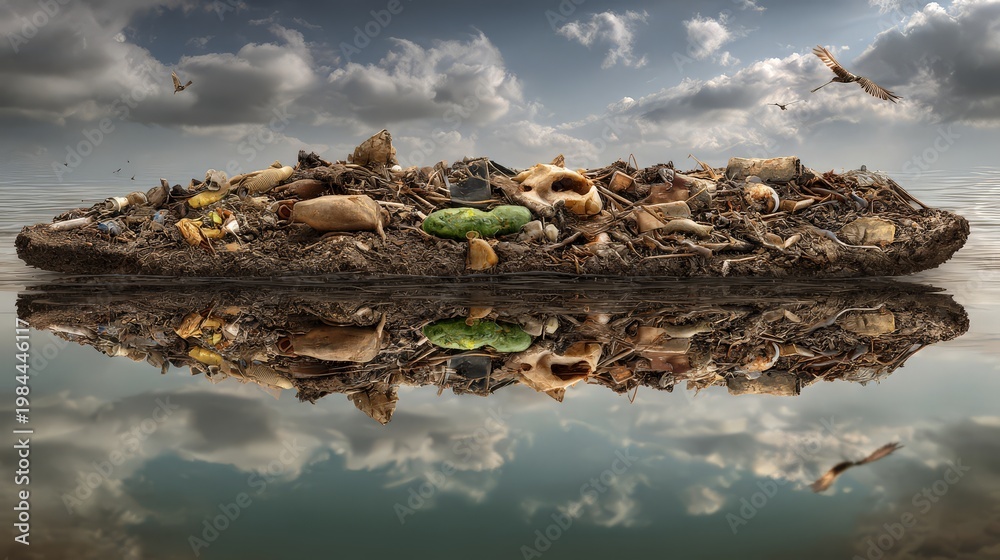 Fototapeta premium A polluted landscape showcasing waste on the water's surface.