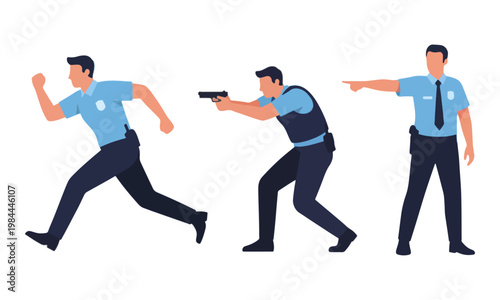 Police Officers Running Aiming Gun and Pointing Vector Illustration