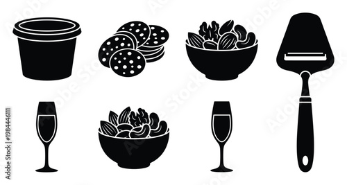Diverse set of essential food and drink icons showcasing a container, salami, mixed nuts, a cheese slicer, and champagne flutes perfect for menu boards or event invitation graphics.