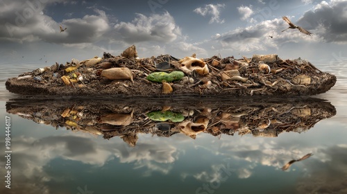A polluted landscape showcasing waste on the water's surface.