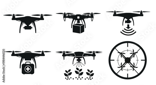 Collection of drone technology icons showcasing diverse applications including agricultural spraying, secure package delivery, emergency response, and aerial surveying