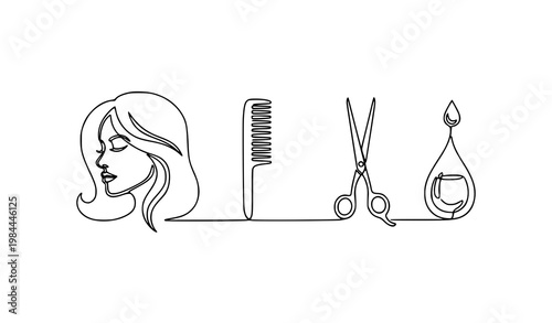 Single line hair care spa treatment icons with female profile comb and scissors minimalist beauty salon vector illustration