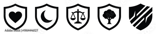 Assorted shield symbols showcasing core values like love peace justice nature and defense perfect for corporate and personal security messaging and branding.