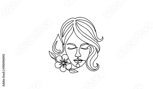 One line woman face with flowing hair spa treatment beauty salon minimalist continuous line vector illustration