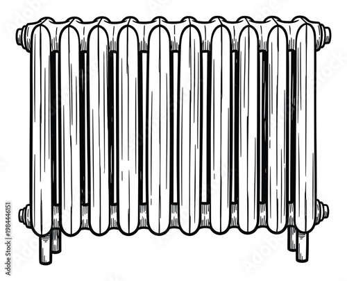 Traditional black and white outline drawing of a vintage cast iron radiator representing classic heating systems and historical home warmth concepts suitable for renovation guides or